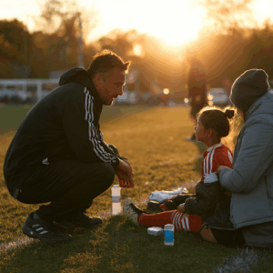 A fall school soccer scene in Ancaster, Ontario: a coach kneels beside an injured child on the sideline as the child sits calmly with an ice pack, accompanied by a parent and the golden evening light on the field.