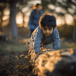 Overscheduled kid playing in golden-hour park in Ancaster: child climbing a fallen log while a parent spots from a close distance, warm greens and browns; unstructured play with relaxed supervision and time in nature