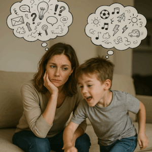 An excited little boy is reaching over his mother who is seated on a couch, and she looks upset and tired. Both are shown to have many random thoughts and emotions that appear as thought bubbles, above their faces.