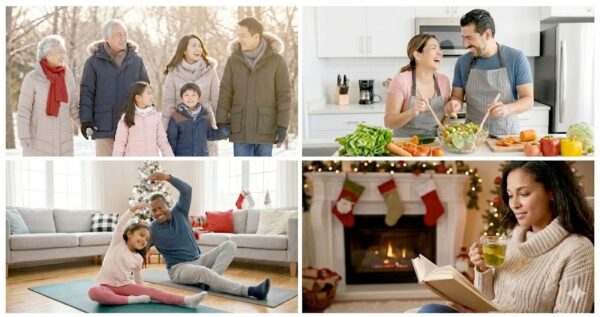 A four-panel photo collage featuring winter and holiday lifestyle scenes. Top left: A multi-generational family wearing winter coats walks hand-in-hand through a snowy park. Top right: A smiling couple wearing aprons laughs while preparing fresh vegetables in a bright kitchen. Bottom left: A father and young daughter stretch on yoga mats in a living room with holiday decor. Bottom right: A woman relaxes in a sweater, holding a warm drink and reading a book next to a fireplace hung with Christmas stockings.