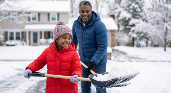 Daughter shoveling snow, with her dad