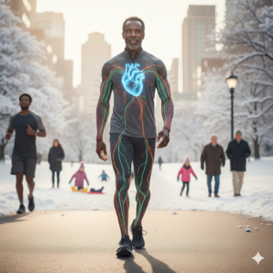 A visual representation of heart health and performance: An active man walking in a winter setting with a glowing heart and limb-directed pathways, illustrating how cardiovascular health fuels physical activity and independence across generations.